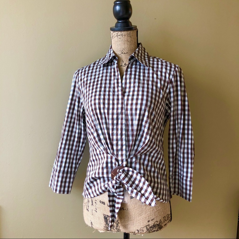 Lafayette 148 brown white gingham 3/4 sleeve top